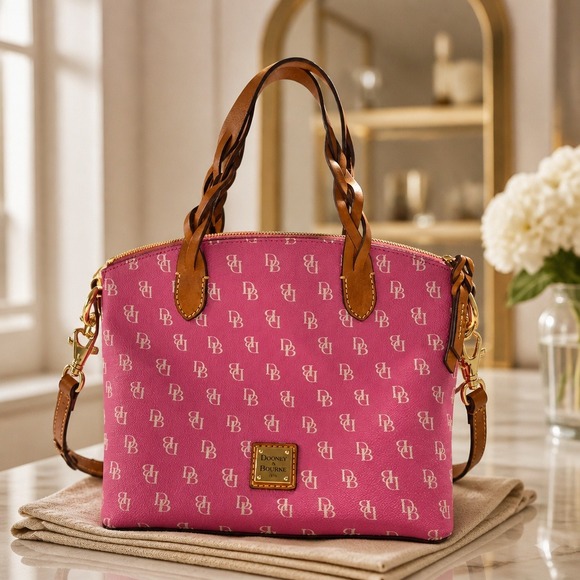 Dooney & Bourke Handbags - Dooney & Bourke Pink Monogram Coated Canvas Braided Handle Satchel Crossbody Bag